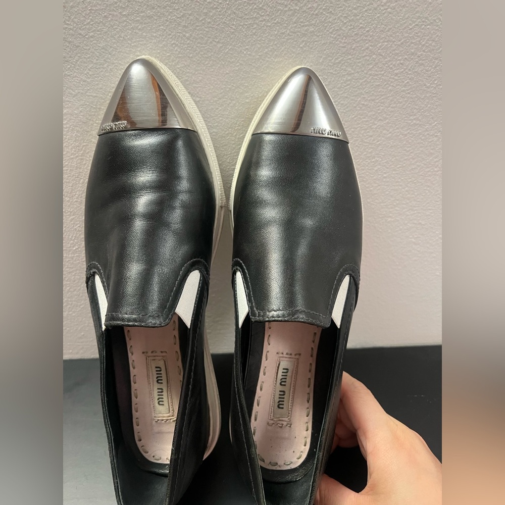 [Miu Miu] Black Leather Slip-On Sneakers with Silver Toe Cap 38 1/2